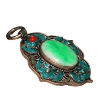 chinese old craft made old tibetan silver cloisonne inlaid green jade pendant
