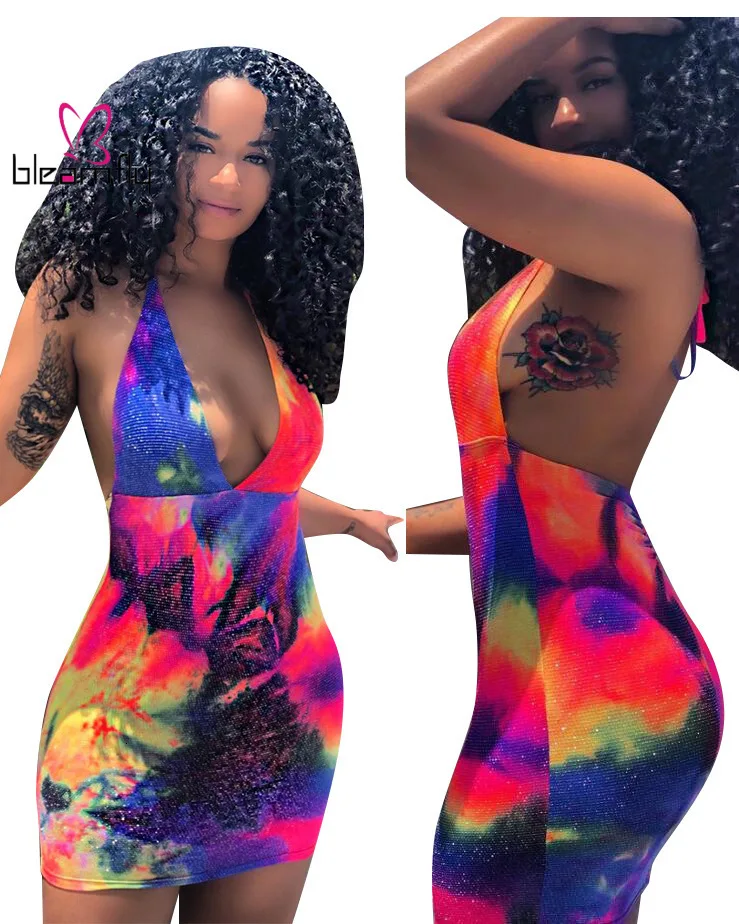 Для женщин вареный с космическим принтом платье без рукавов лямкой на шее v