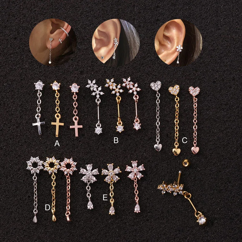 Long Chains Cross Heart Flower Cartilage Helix Tragus Piercing Ear Stud Piercing Jewellery