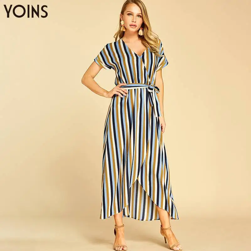 Женское длинное платье макси YOINS в полоску с v образным вырезом и поясом на лето