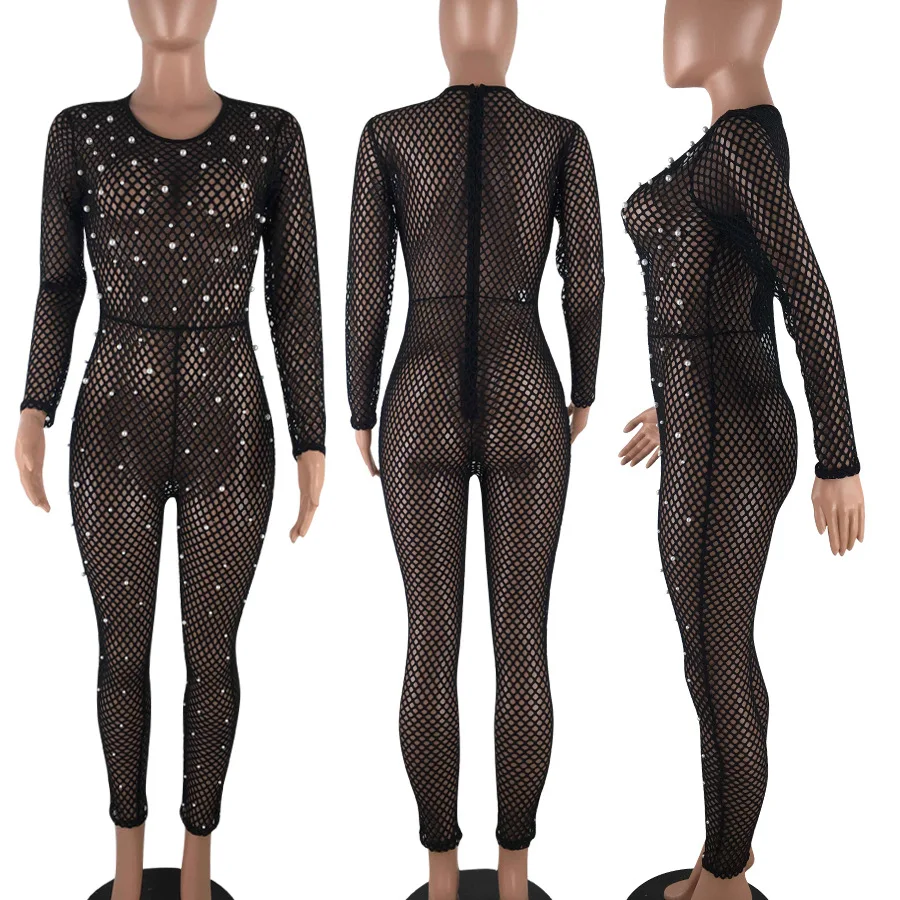 Сексуальный женский комбинезон из прозрачной сетки блестящая жемчужина боди с
