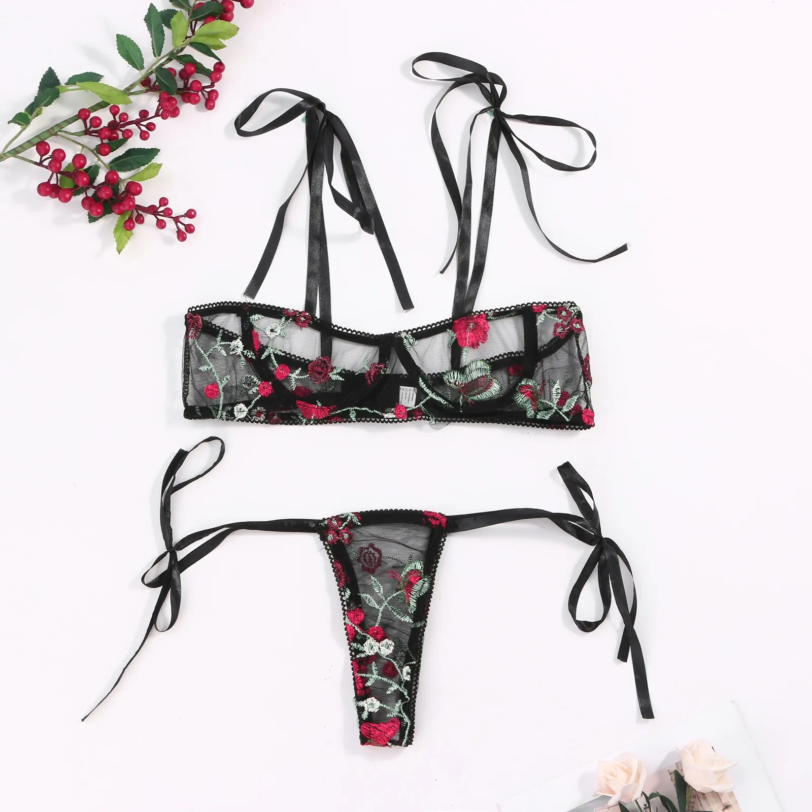 

Sensual Lingerie Woman Sexy Underwear Plus Size Sexy Lingerie Bra Thong Bandage See Through Lace Floral Embroidery Underwear Set