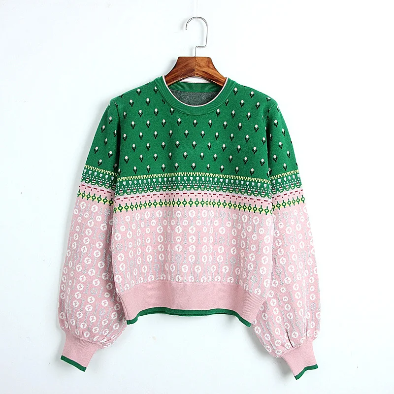 Женский жаккардовый вязаный укороченный свитер Осенний пуловер с люрексом и