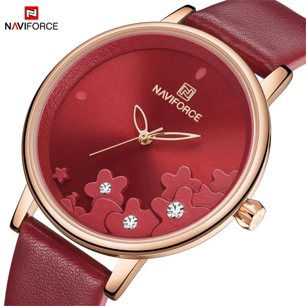 NAVIFORCE женские часы модные стильные красные Кварцевые кожаные повседневные
