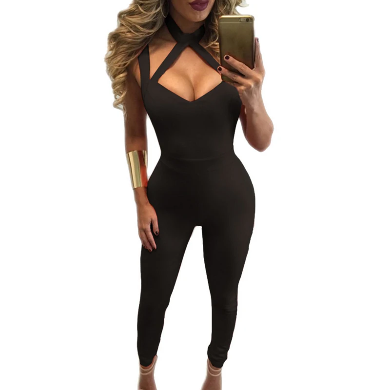 Летние облегающие комбинезоны с треугольным вырезом без рукавов на шее для