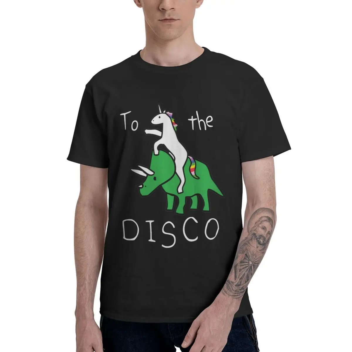 

To The Disco (white Text) Unicorn Riding Triceratops T-Shirt 100% Cotton Crewneck Men's T Shirts Short Sleeve Plus Size Novelty