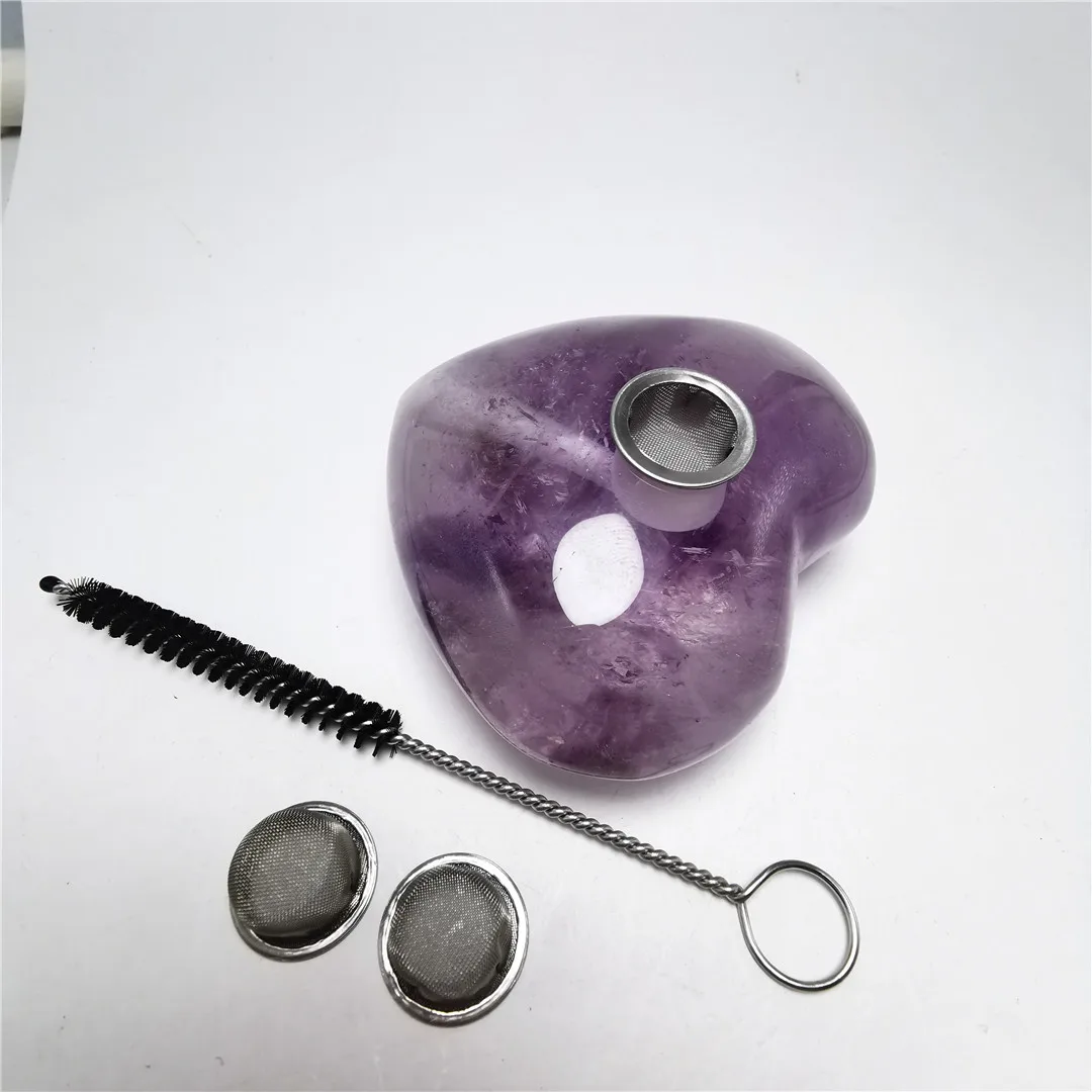 

65-75mm Natural Quartz Pipe Smoking Pipe Amethyst Heart ShapeTreatment Gem With Metal Filter Wholesale Price 1PC