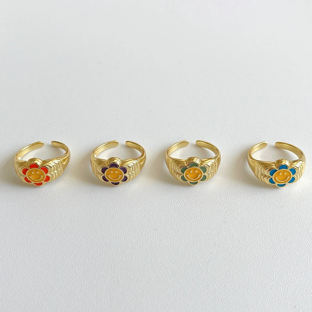 

Romantic Cute Drop Glue Smiley Face Sunflower Rings for Women Drop Oil Jewelry Charms Promise Rings for Couples Anillos Mujer