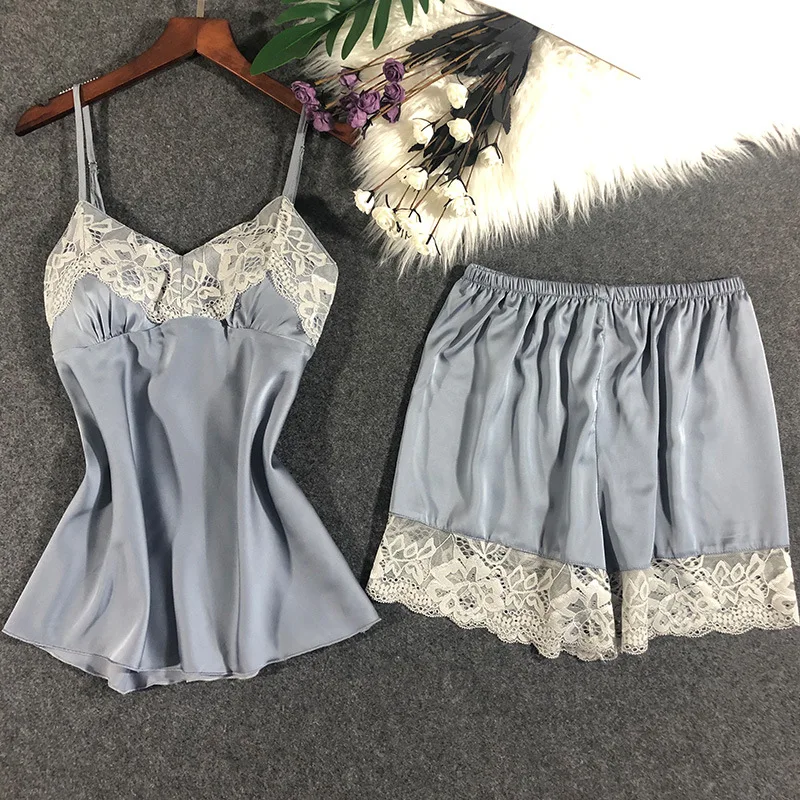 

Gray Sexy V-Neck Strap Top&Short 2PCS Pajama Sets Lady Sweet Lace Trim Nightwear Lounge Faux Silk Home Wear Summer New Sleepwear