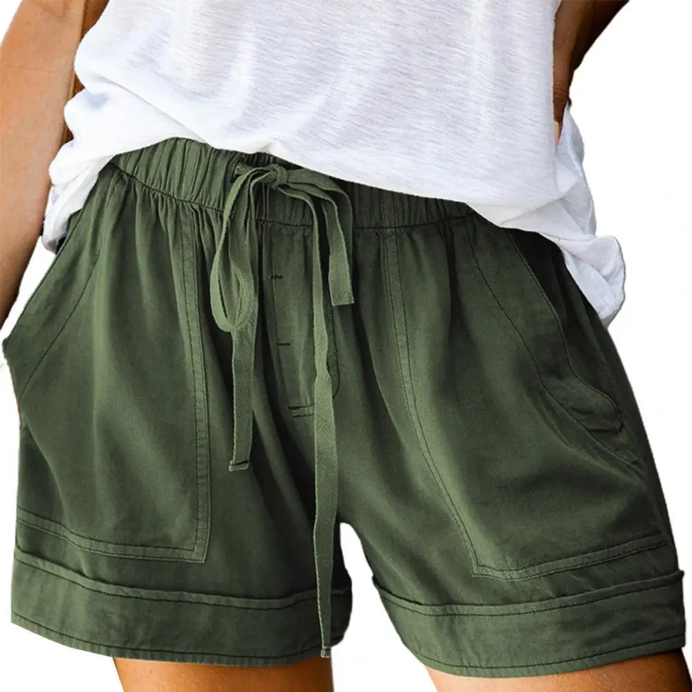 

Women Shorts Drawstring High Waist Solid Color Elastic Waist Ladies Loose Casual Pockets Mini Shorts