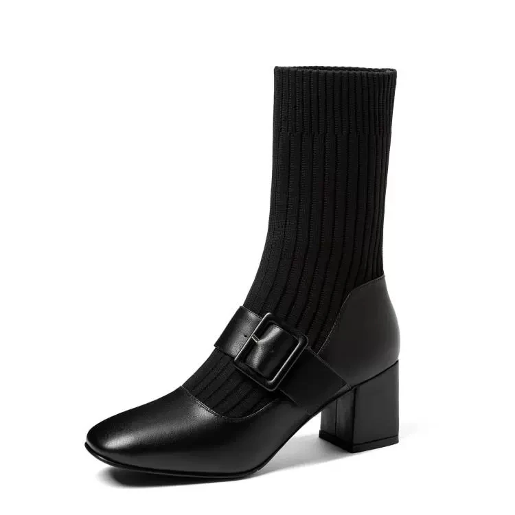 

2021 New Autumn Buckle Socks Boots Women Beige Square Heels Stretch Fabric Elastic Short Ankle Boots Shoes Woman