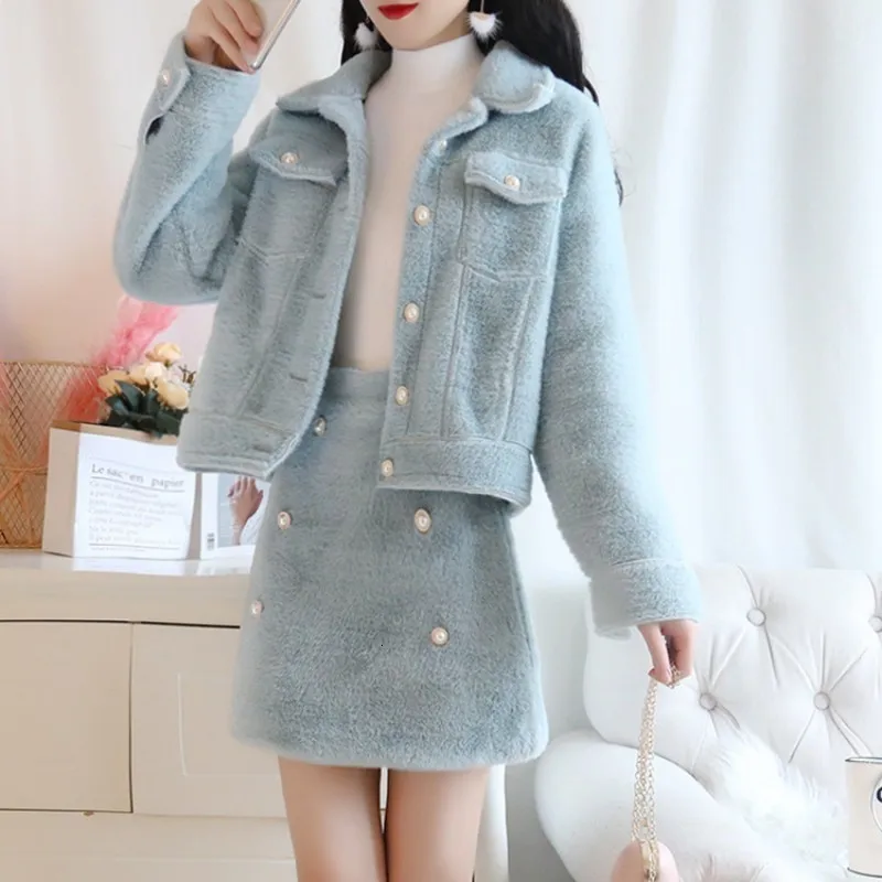 

Kawaii Women Hairy Skirt Two Piece Set Slim Fit Pearls Winter Sweet Ladies Fluffy Outfits Clothes Suit Mini Skirt Matching Sets