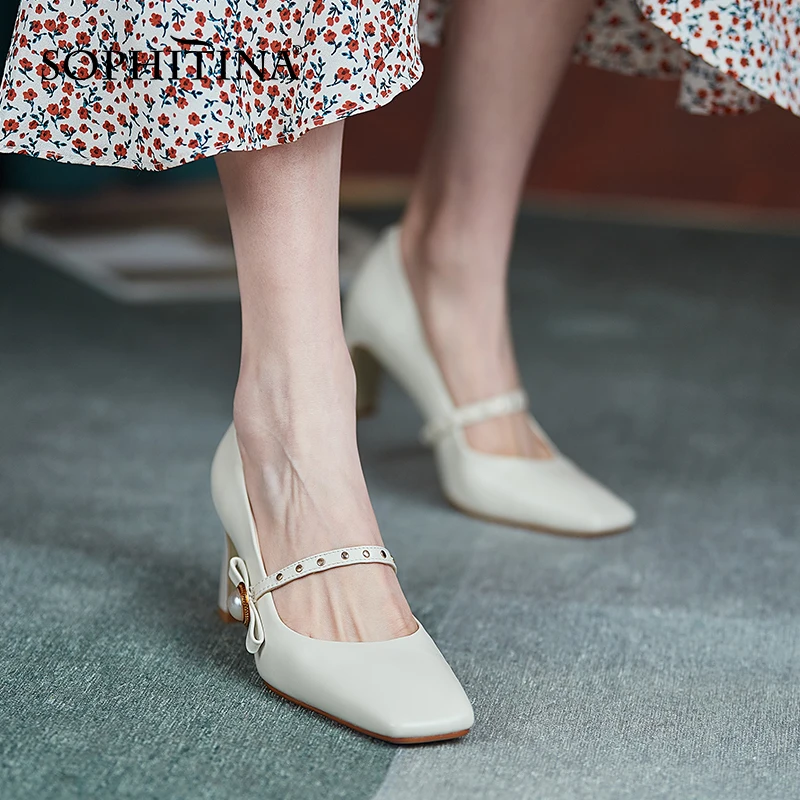 

SOPHITINA Pumps Women Fashion Mary Janes Pearl Butterfly-Knot Premium Leather Shoes Thick Heel Casual Office Lady Shoes DO158