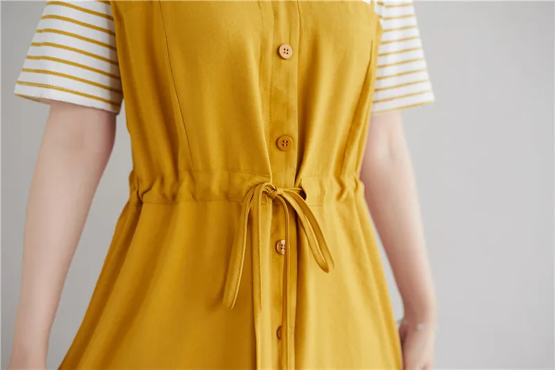 

Plus Size Fat Girl Slimming Stripes Stitching Fake Two-Piece Dress 2020 Summer Elastic Waist Drawstring Swing Mid-Length Dress