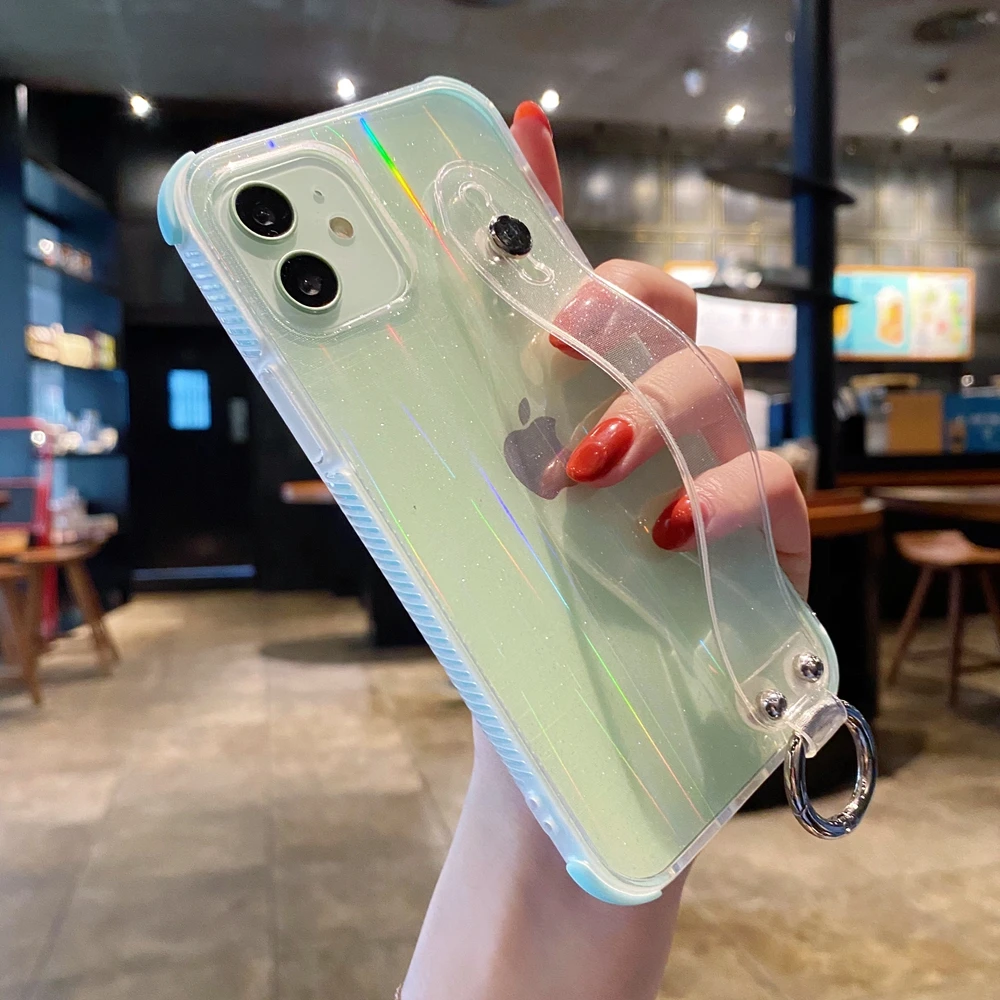 

Transparent Laser Glitter Wrist Strap Phone Case For iPhone 11 Pro Max 12 Mini X XR XS Max 7 8 Plus SE 2020 Kickstand TPU Cover