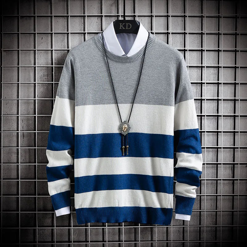 

New Men Sweater Thick Warm Knitted Casual Sweaters Colorful Stripes Male Loose Knitwear Pullover Tracksuit O-Neck Brand Clothing