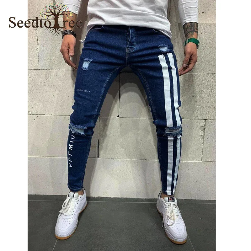 Stripe Printing Hole Casual Men's Jeans Pencil Pants Slim Denim Trousers