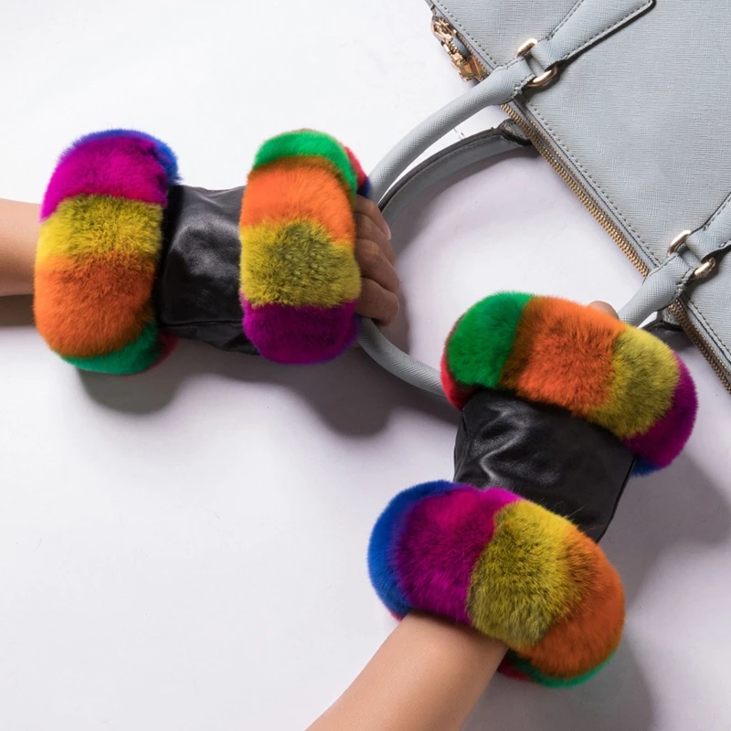 

Womens Winter Faux Leather Half Finger Gloves with Colorful Fluffy Plush Trim Outdoor Driving Thermal Fingerless Mittens