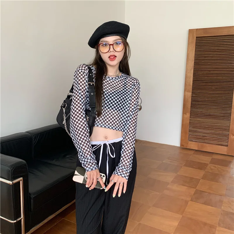 

Plaid Chessboard Short Mesh Long-Sleeve T-shirt Rac