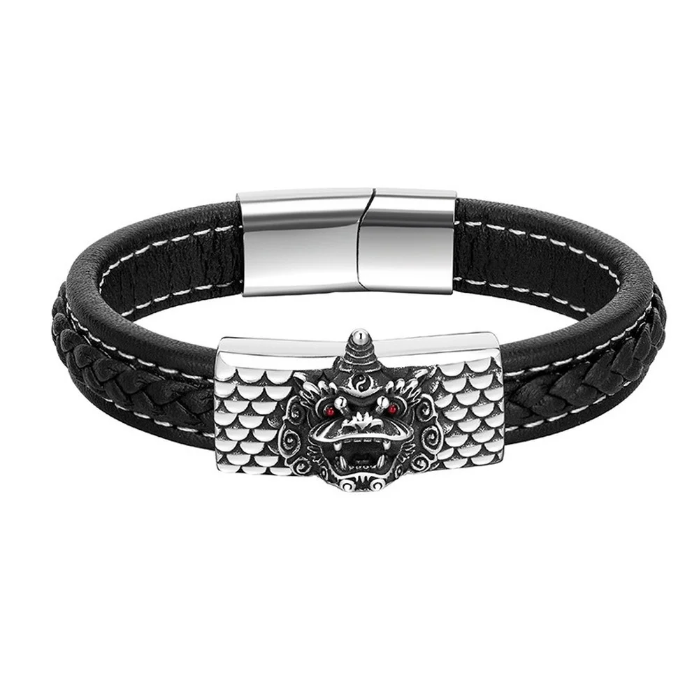 

2022 Leather Rope Punk Bracelet Tiger Lion Kirin Bracelet Magnet Buckle Titanium Steel Bracelet Men's Black Leather Bracelet