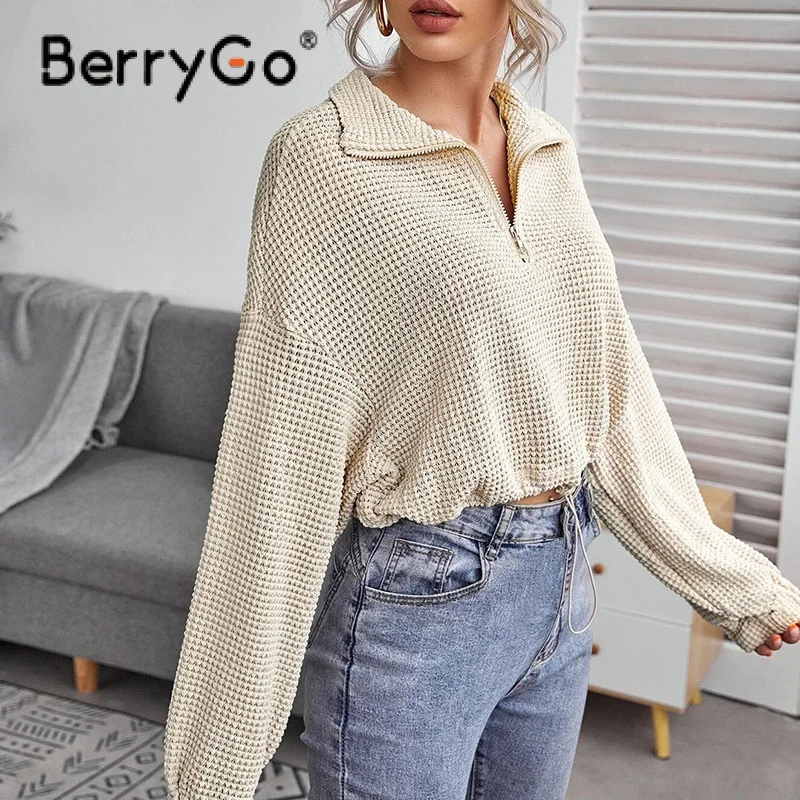 

BerryGo Casual Autumn Solid Women T-shirt Stand Collar Zipper Loose Ladies Short Top Full Off Shoulder Sleeves Female Short Top