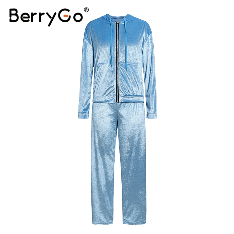 BerryGo Casual velvet sports pant suit set Long sleeve zippers two-piece suits women Hooded outfit 2020 spring ladies jacket |