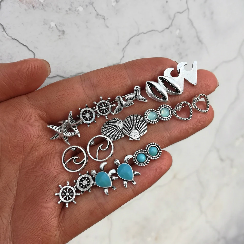 Boho Ocean Beach Sea Earrings Set Vintage Rudder Starfish Dolphin Tail Turtle Shell Stud for Women Brincos | Украшения и