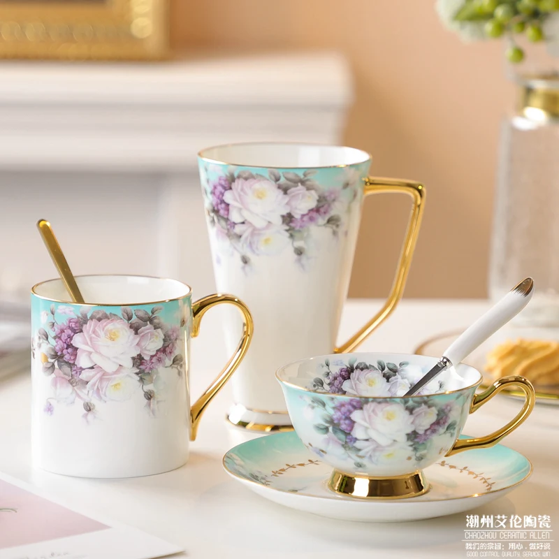 

Luxury. Bone porcelain. Coffee cup dish. English style. Afternoon tea. European style. Mug. Garden cup. Gift Set
