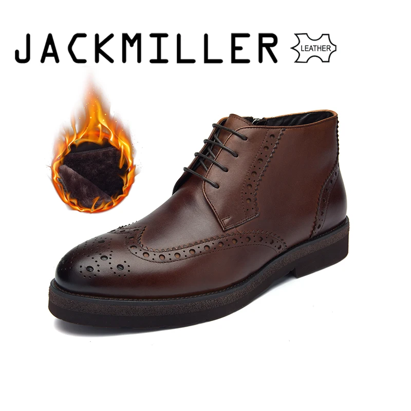 Light Brown Jackmiller/ботинки из коровьей кожи; Мужская зимняя теплая обувь с подкладкой из натуральной шерсти; мужская обувь на шнуровке с внутренней молнией; цвет черный, темно-коричневый, светло-коричневый - Цвет: Light Brown