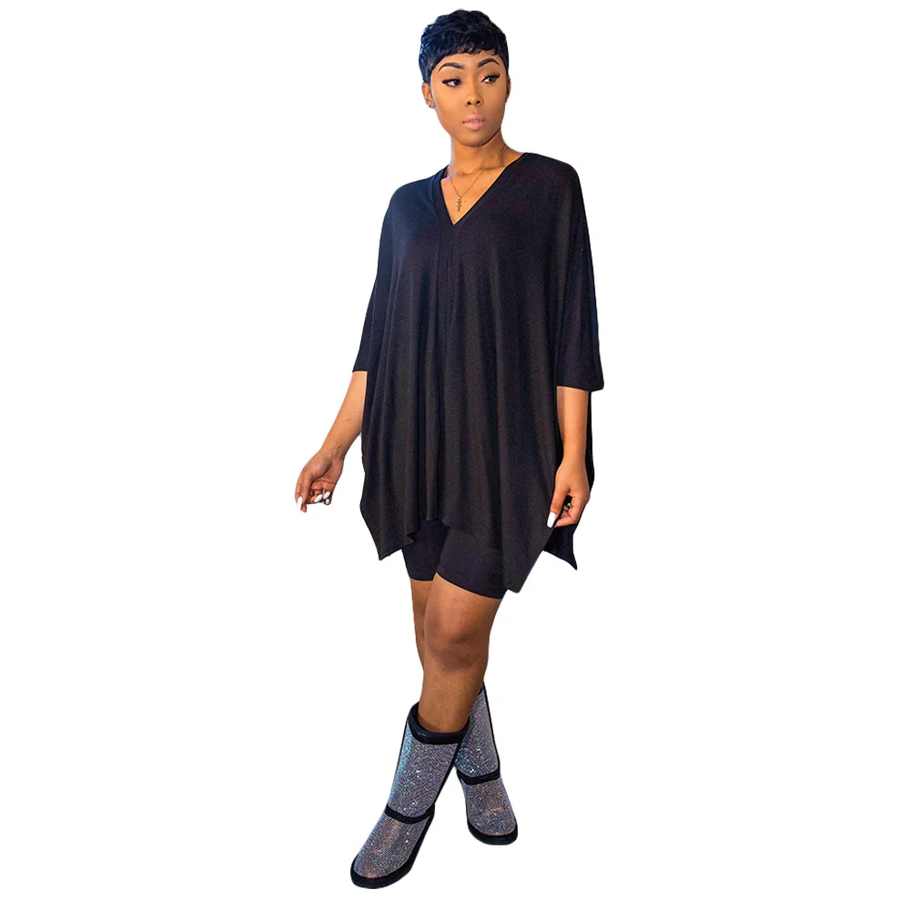 

Solid-Color V-Neck Loose Casual Split T-Shirt & Print Biker Shorts Summer Women's Suit Hot Style Model Two Piece Set