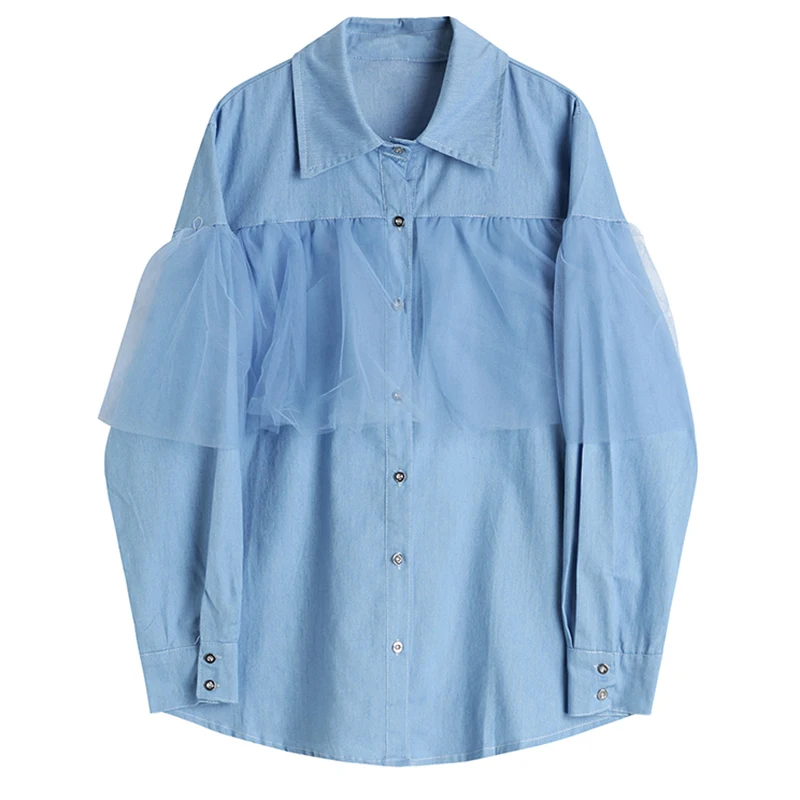 

Women Blue Mesh Denim Shirt Women's Oversize New Lapel Long Sleeve Loose Fit Blouses and Shirts Tide Spring Autumn Clothing