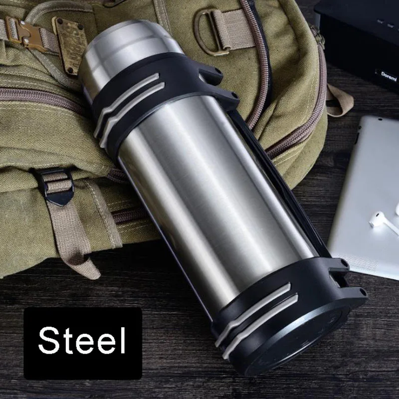 Steel 1.2L/1.6L/2L/2.5L/3L термос из нержавеющей стали для путешествий на открытом воздухе, бутылка для воды, портативная вакуумная колба с изоляцией, чайники - Цвет: Steel