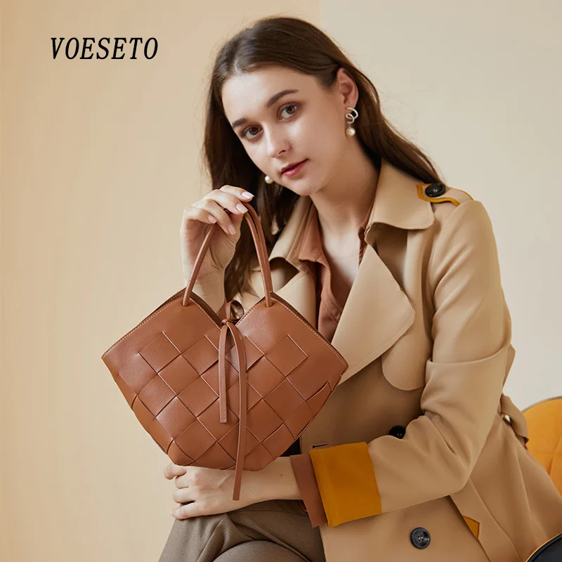 

Fashion Small Handbag Women's Leather 100% Cross Top Short Handle Handmade Woven Bags 2021 Retro Shoulder Bucket Sling Brown Bag
