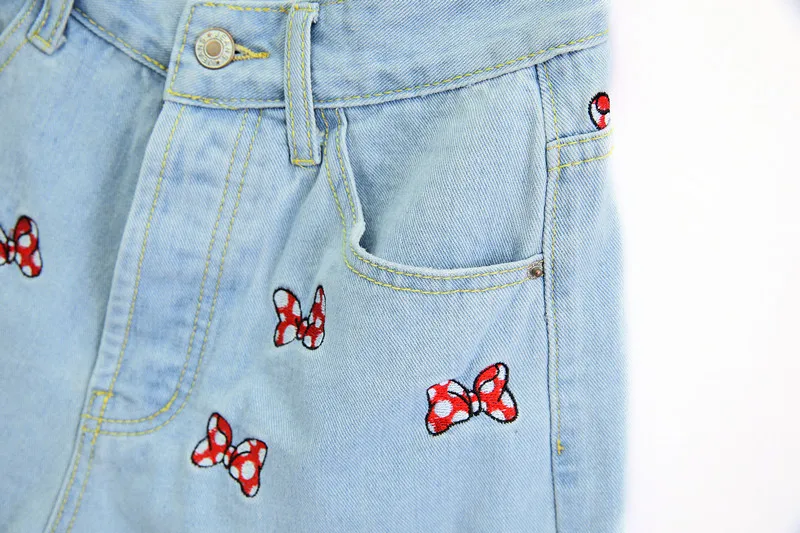 

Jenny&Dave mom denim shorts women high street vintage high waist short feminino bow embroidery washed mom short women plus size