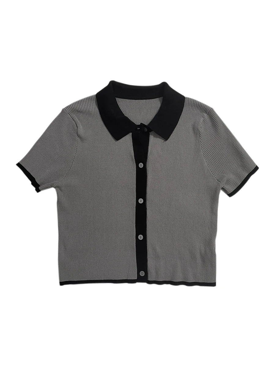 

Polo Collar Sleeved Knitted Shirts Women's 2021 New Summer Graceful Thin-Style Gray Top Single-Breasted T-Shirts Korean Fashion