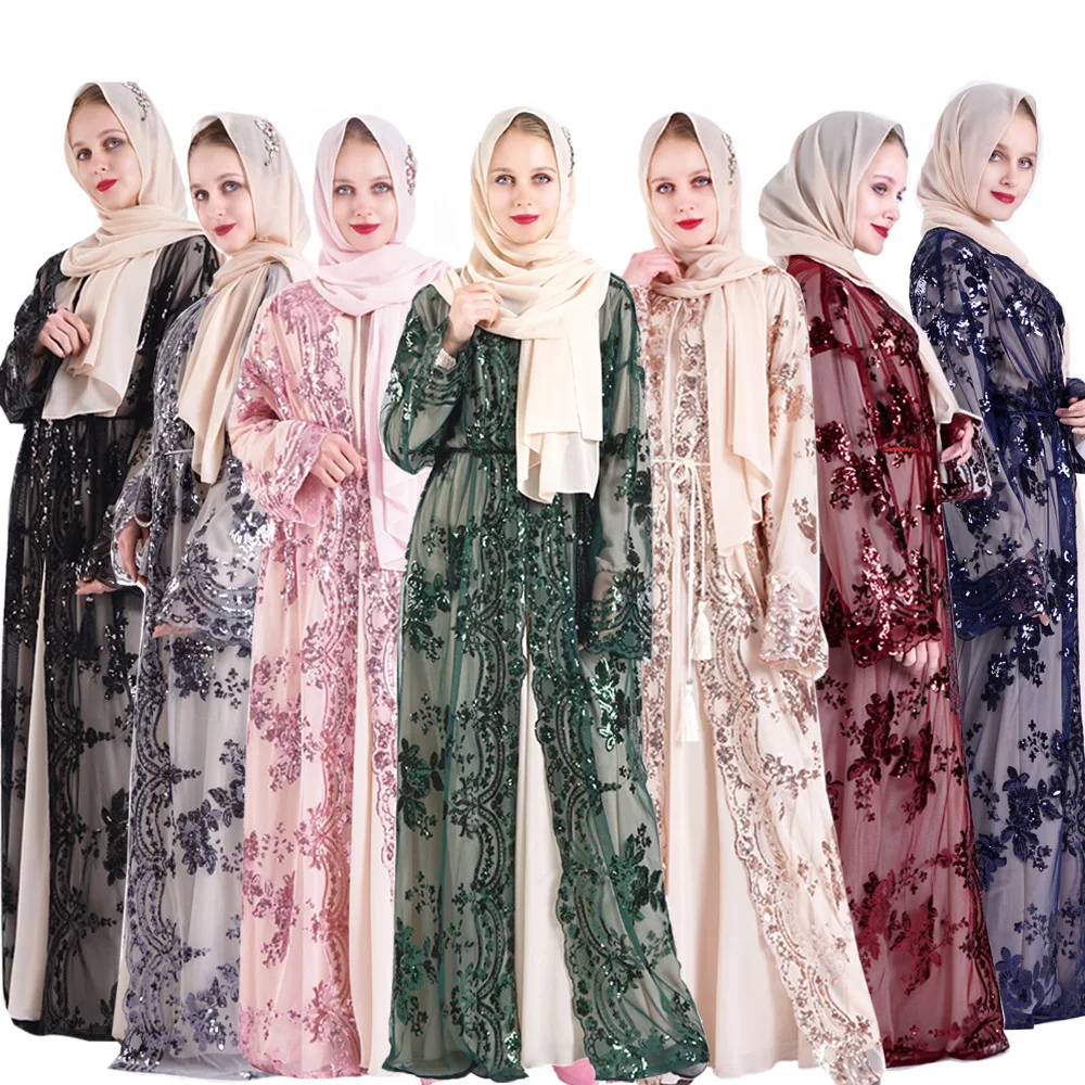 

Women Muslim Hijab Abaya Turkey Islam Kaftan Long Robe Eid Lace-up Muslim Clothes Caftan Marocain Sequins Party Evening Dress