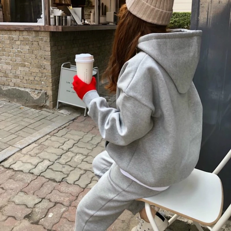 

2021 Autumn Winter Fleece Hoodies 2 Two Piece Set Women Casual Tracksuits Jogger Pants Thick Warm Clothes
