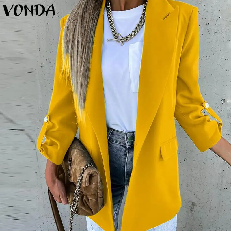 

VONDA Autumn OL Office Blazer 2021 Women Solid Color Lapel Collar Suit Blazers 3 Colors Button Up Coats Veste Elegant Outerwears