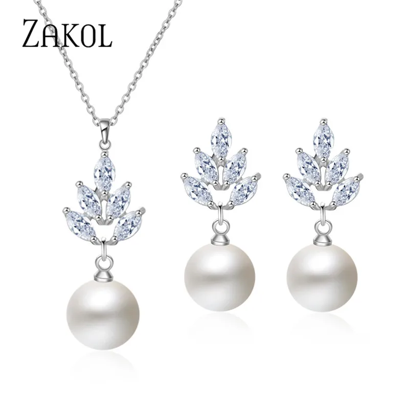 

ZAKOL New AAA CZ Zirconia & Simulated Pearl Drop Earrings Pendant Necklace Set Fashion Ceystal Elegant Women Wedding Accessories