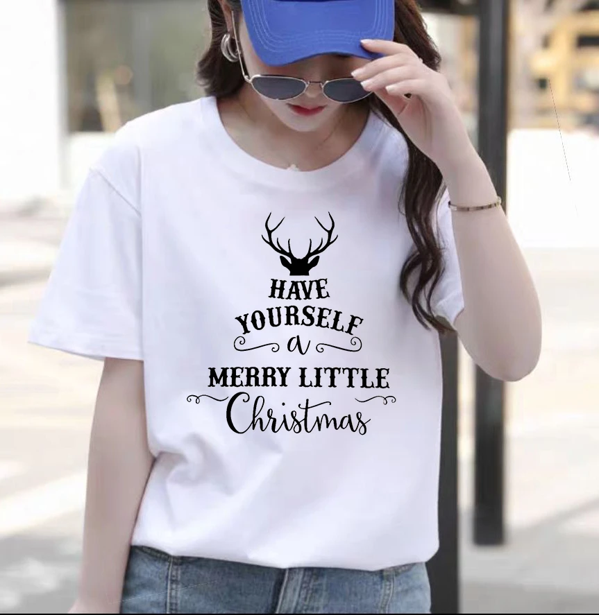 

Merry Christmas Print Women T-shirts Casual Short Sleeve Women's White T-shirt Vintage Femme Tee Shirt Tops