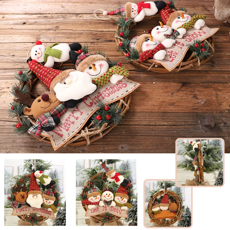 

“Merry Christmas”Sign Hanging Front Door Rattan Circle Cartoon Letter Plaque Santa Snowman Elk Party Home Wall Decor Hot
