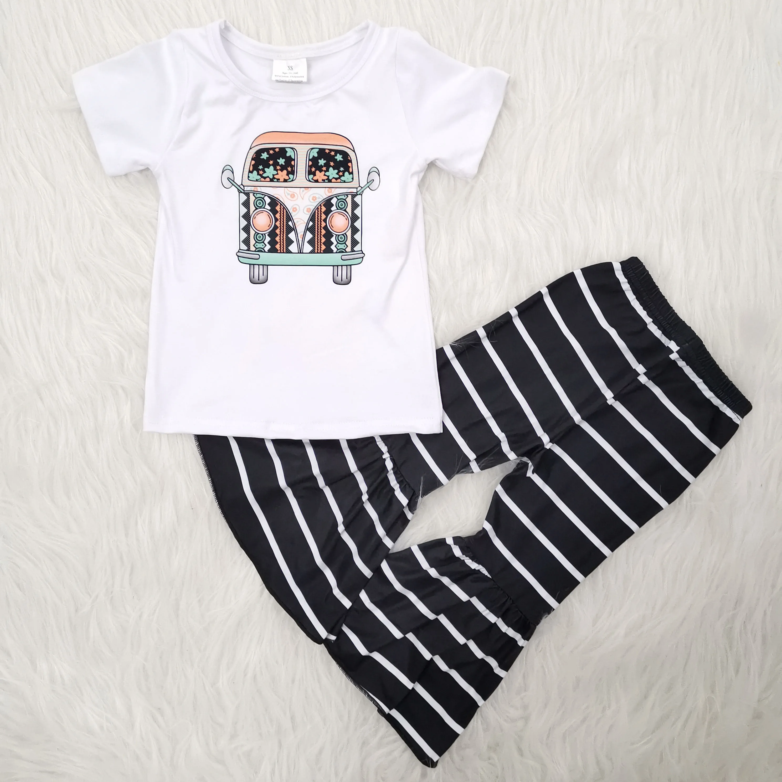 

Wholesale Baby Girl Clothing Children White Short Sleeve Car Shirt Black Striped Bell-bottoms Pants Infant Outfit Clothes Set