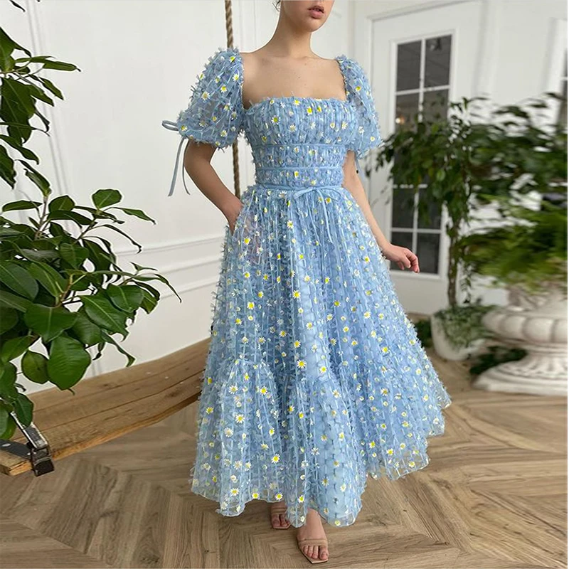 

Women Cute Puff sleeve Midi Floral Print Dress Vintage long Style Casual Loose Ball Gown Dresses For Party Vestidos
