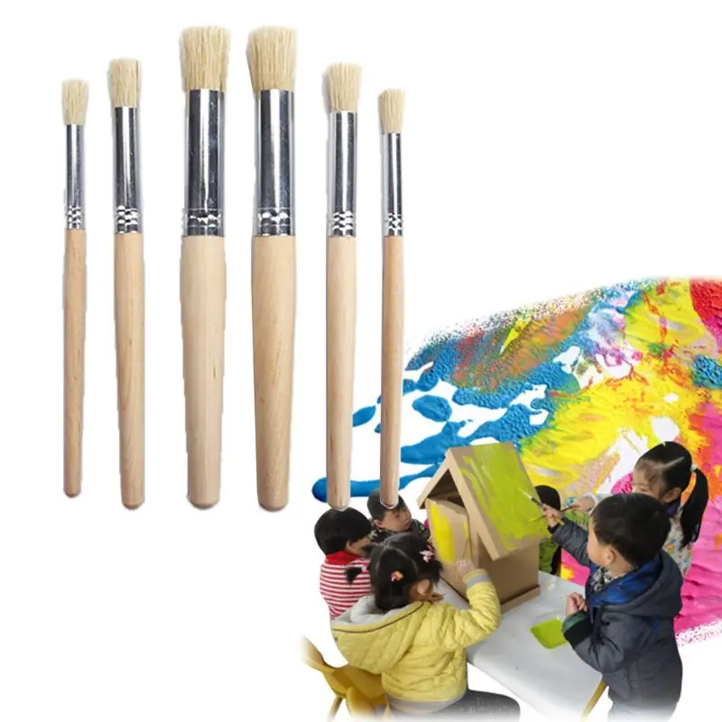 

6pcs/set Watercolor Acrylic Painting Stencil Brush Different Size Wooden Handle