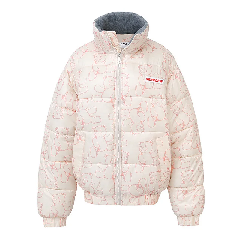 

new 2020 down cotton jacket bear print Korean loose college style