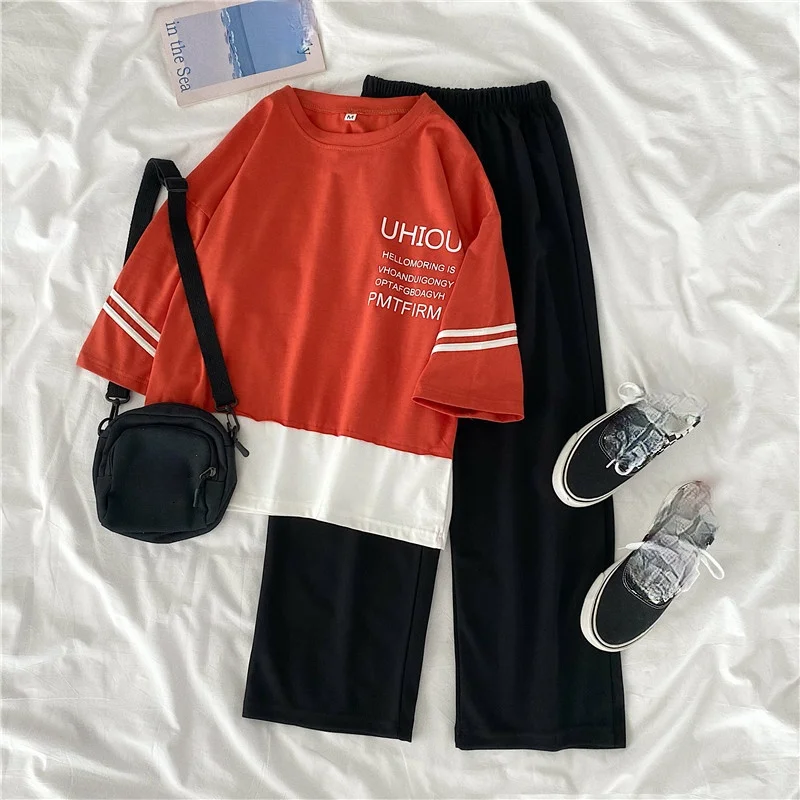 

Женский комплект из двух предметов, хлопковая футболка с коротким рукавом и свободные брюки с широкими штанинами в стиле Харадзюку, летний ...