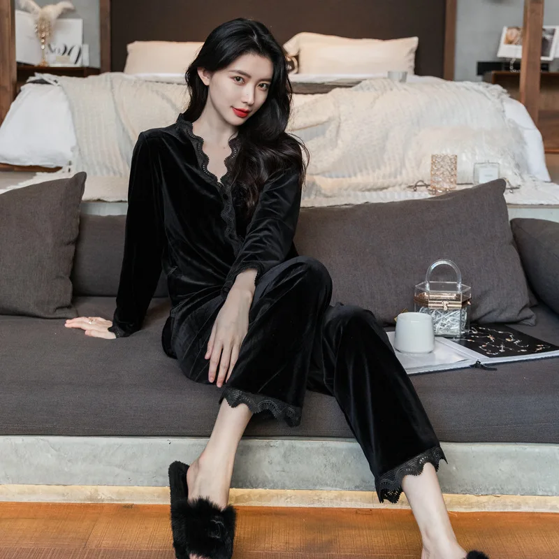 Women Velvet Pajama Set Elegant Glossy Velour Lace Sleepwear Long Sleeve Top and Pants Nightwear Ladies Homewear loungewear