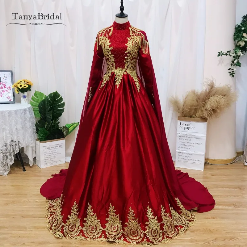 Мусульманские свадебные платья 2021 красного бордового цвета с золотой кружевной