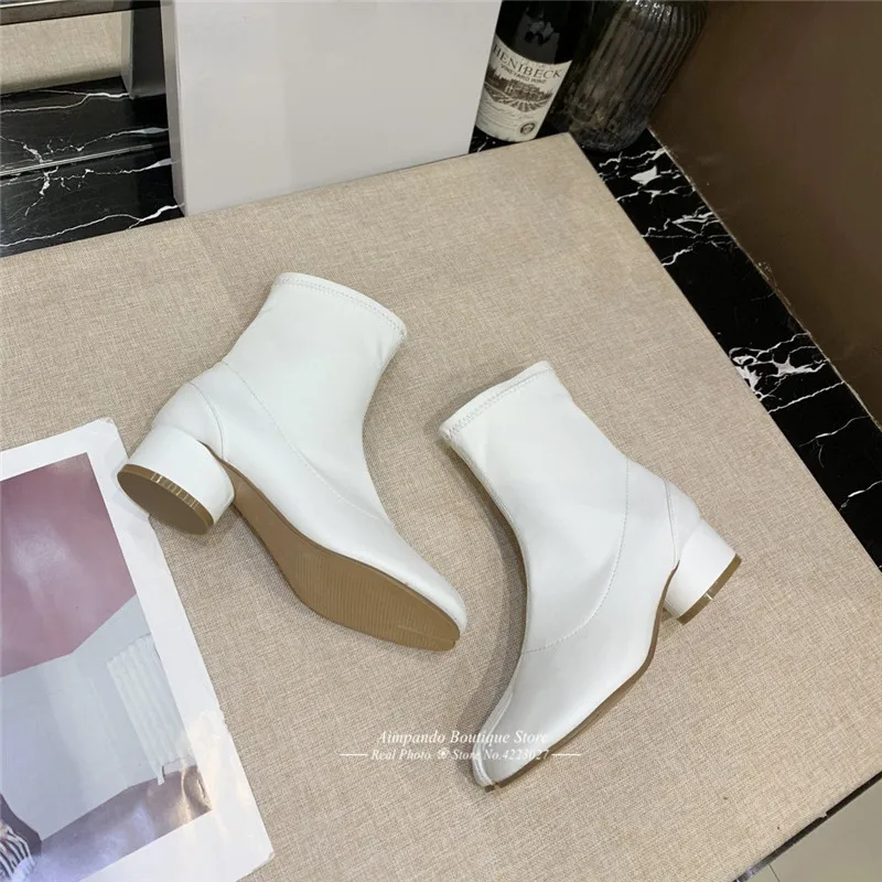 New Autumn Stretch Ankle Boots Novelty Split Toe Boots Women Cozy Round Heel Genuine Leather Riding Booties Fashion Short Botas