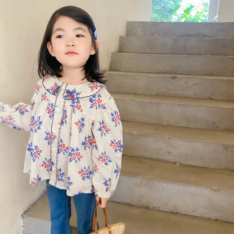 

Shirts Tees Tops Full Sleeve Turn Down Collar Pullover Floral Regular Cotton New Fashion Casual Cute Spring Autumn Girls Kids